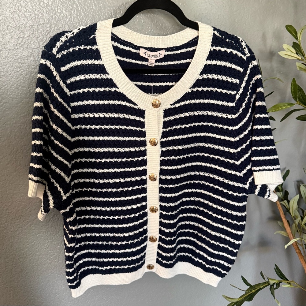 Nanette Lepore Navy and White Button-Up Knit Cardigan